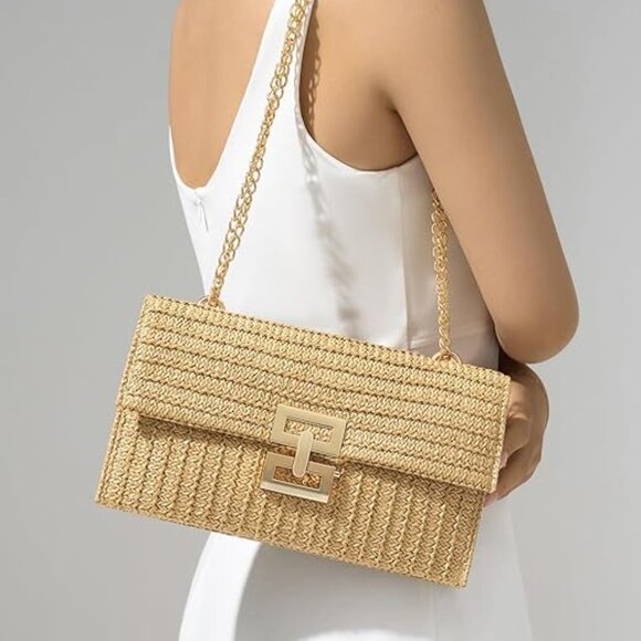 Neiman Marcus Woven Khaki Straw Clutch Crossbody Bag - Picture 1 of 5